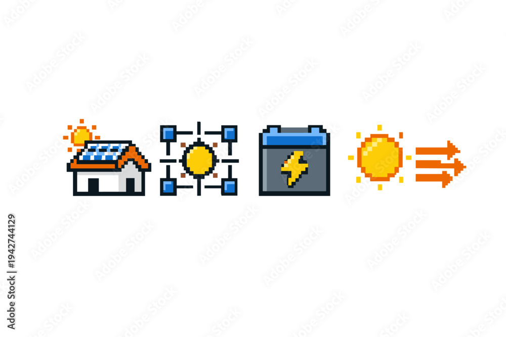 Fototapeta premium Pixel art icon set illustrating solar energy system workflow with house solar panels, sun tracking grid, battery storage, and sunlight output arrows