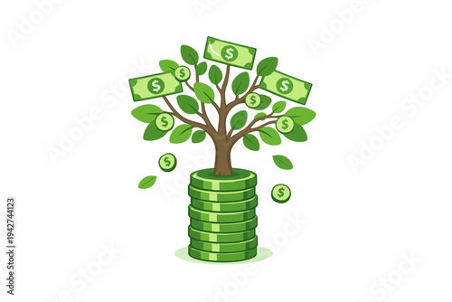 Illustration of a money tree growing from stacked coins with dollar bills and currency symbols, representing financial growth, savings, and investment success