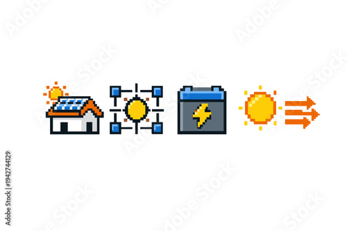 Pixel art icon set illustrating solar energy system workflow with house solar panels, sun tracking grid, battery storage, and sunlight output arrows