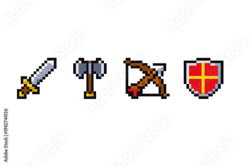 Pixel art medieval weapon and defense set featuring sword, double-headed axe, crossbow, and red shield icon collection on white background