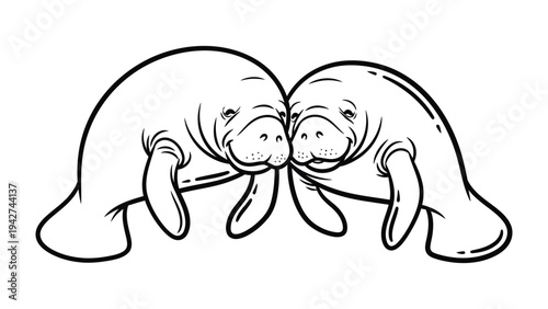 Ocean's Gentle Giants: A tender illustration of two manatees embracing, evoking a sense of calm and aquatic wonder. 