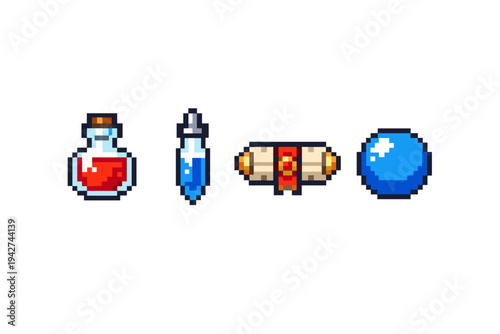 Pixel art game inventory icons featuring red potion bottle, blue crystal shard, wrapped scroll, and glossy blue orb isolated on white background