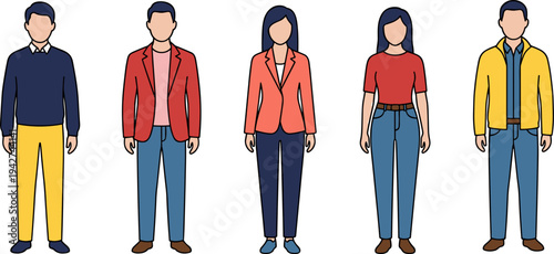 Flat vector illustration of a diverse group of men and women standing in casual and semi formal attire with outline,