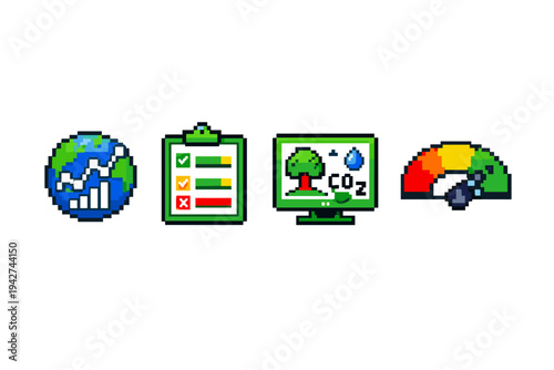 Pixel art set of sustainability analytics icons showing globe statistics, checklist assessment, carbon dioxide monitoring with tree, and efficiency gauge meter