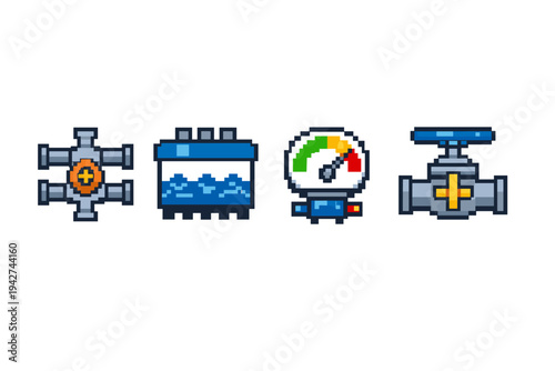 Pixel art industrial process icons showing pipeline valves, water filtration tank, pressure gauge meter, and control fittings in retro 8-bit style