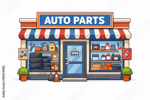 Auto parts store exterior with car maintenance supplies
