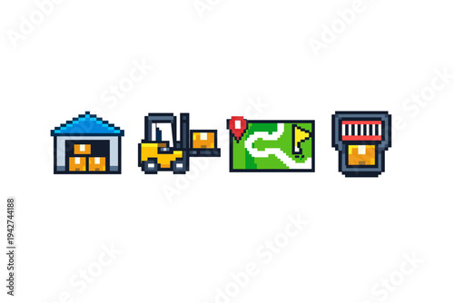 Pixel art logistics icons showing a warehouse building, forklift moving boxes, navigation map with route pin, and a delivery service kiosk interface