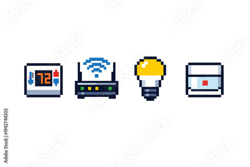 Pixel art icons set showing a handheld device with numeric display, a wireless router symbol, a glowing lightbulb, and a small storage box on white