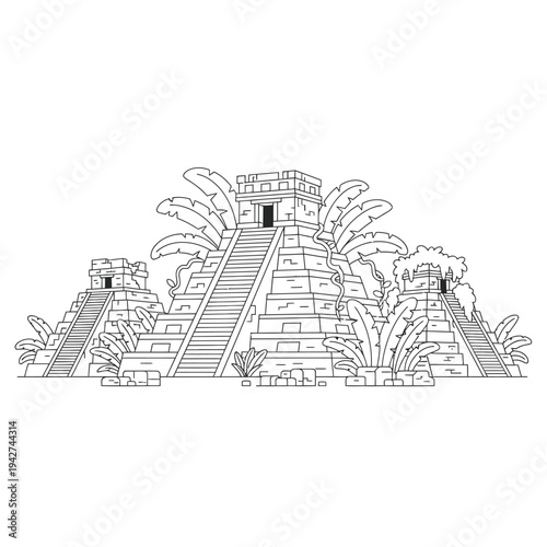 Ancient Mayan Pyramids with Lush Tropical Vegetation Illustration.
