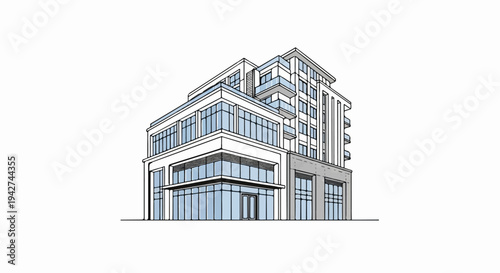 Artistic rendering of a multi-story building with glass windows and balconies