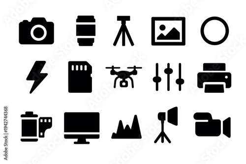 Photography icon set: essential tools and equipment silhouettes for creative projects