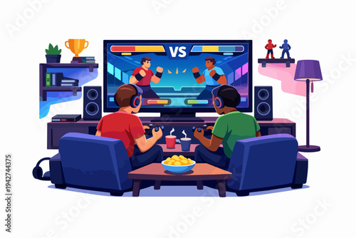 Friends playing competitive fighting video game on console