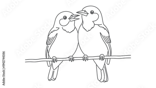 Two Birds on a Branch: A delicate line drawing captures two birds perched together on a slender branch, their forms intricately rendered and expressive.