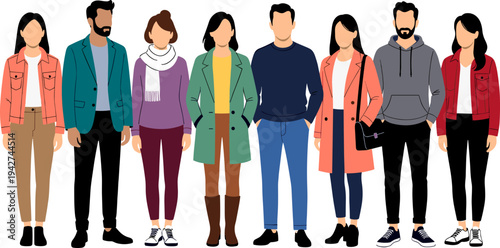 Flat vector illustration of a diverse group of men and women standing together in autumn and winter clothing isolated on white,