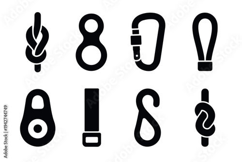 Collection of climbing and rope gear icons in bold silhouette style