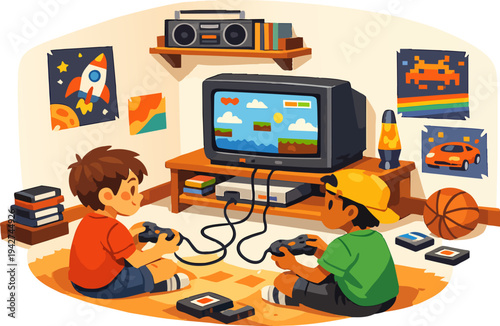 Boys playing retro video game console