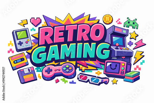 Retro gaming concept with colorful arcade elements