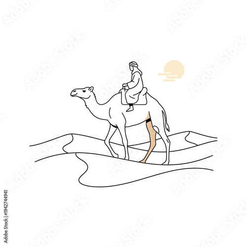 Man Riding Camel Across Desert Dunes.