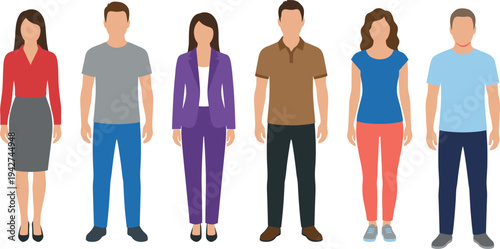 Flat vector illustration of a diverse group of men and women standing in various casual and professional outfits with outline,