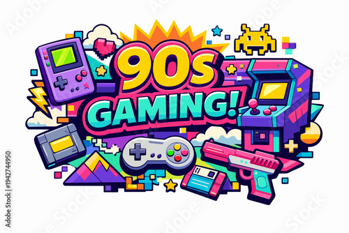 90s gaming concept art with retro video game elements
