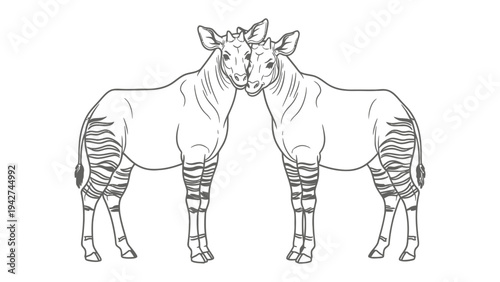 Okapi pair line drawing: Two okapis stand closely together, their distinctive striped legs and zebra-like hindquarters highlighted in a clean, minimalist line art style.
