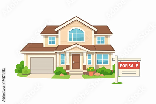 Residential house with for sale sign for real estate