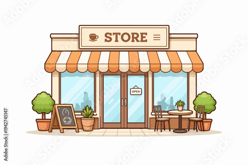 Cartoon cafe storefront with awning offering outdoor seating