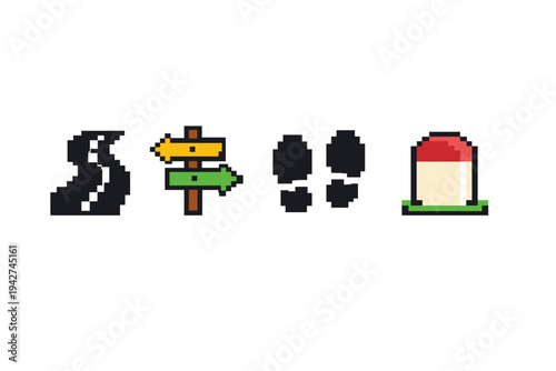 Pixel art icons showing a winding road, colorful directional signpost, animal pawprints, and a red alert siren light in retro 8-bit style