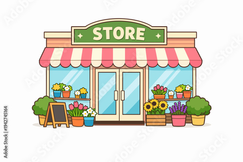 Flower store storefront with plants and blooming flowers