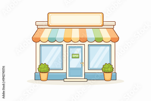 Retail storefront cartoon building with an awning and open sign