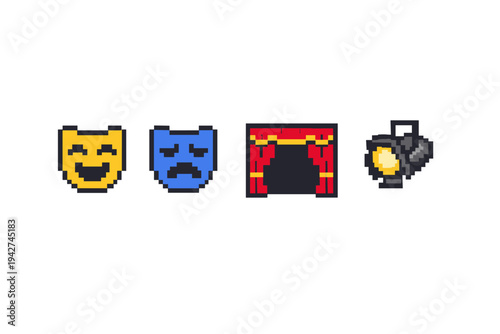 Pixel art theater icons showing comedy and tragedy masks, a red stage curtain proscenium, and a spotlight symbol in retro 8-bit style