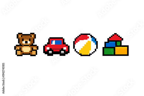 Pixel art toy icons set featuring a teddy bear, red car, colorful beach ball, and stackable building blocks on a clean white background