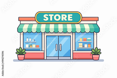 Store building facade with awning and colorful goods