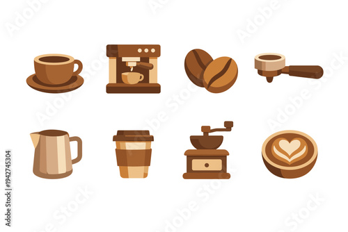 Flat vector set of coffee icons featuring cup and saucer, espresso machine, coffee beans, portafilter, milk pitcher, takeaway mug, grinder, and latte art