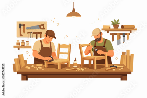 Carpenters working in workshop building wooden furniture