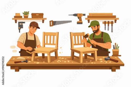 Woodworking craftsmen making wooden chairs in workshop