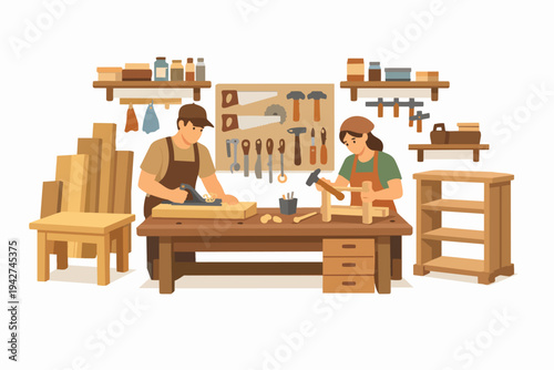 Woodworkers crafting furniture in carpentry workshop