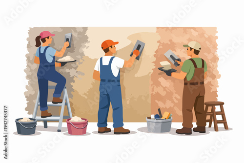 Construction workers plastering wall during house renovation process