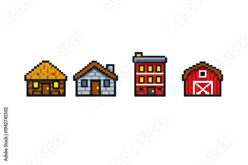 Pixel art set of four small buildings including a cottage, suburban house, apartment block, and red barn isolated on a white background