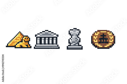 Pixel art set of ancient civilization icons featuring a pyramid, classical temple, marble statue, and laurel coin emblem in retro 8-bit style