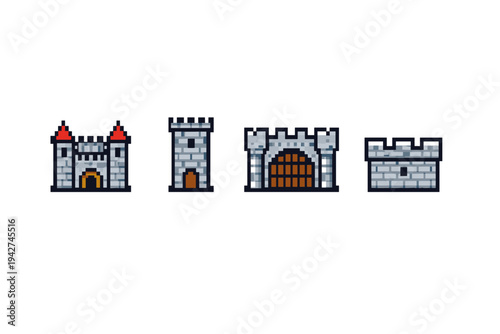 Pixel art medieval castle elements set with stone towers, fortified gatehouse, and battlement wall in retro 8-bit game style on white background