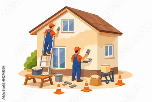 Workers plastering house facade during home renovation project