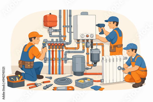 Plumbers installing and repairing a heating system with tools