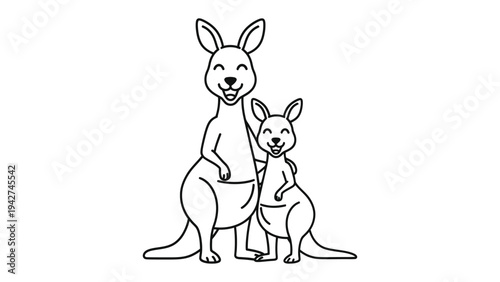 Joyful Kangaroo Duo: A charming illustration depicts a mother kangaroo and her joey, their faces alight with happiness, sharing a heartwarming moment together.