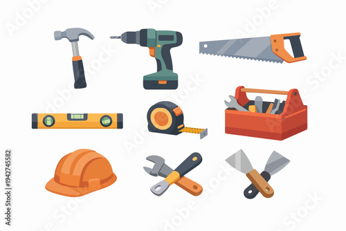 Construction and repair tools flat vector illustration set