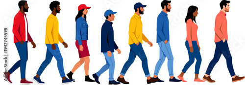 Flat vector illustration of a diverse group of men and women walking in a line isolated on white background,