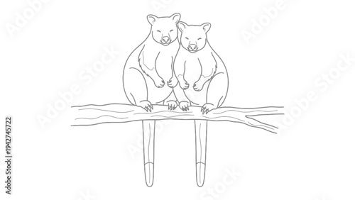 Quokkas on a Branch: Adorable quokkas sit close together on a branch, their presence radiating warmth, companionship and happiness. Capturing a precious moment of connection in a simple, artistic way.