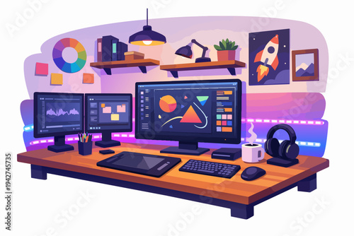 Creative design workspace with multiple monitors and tools