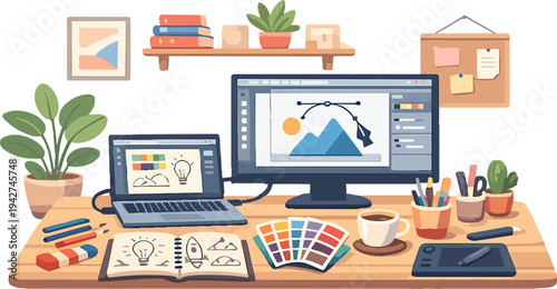 Creative graphic design workspace with digital tools
