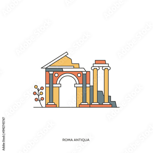 Ancient Roman Archway and Columns Illustration.